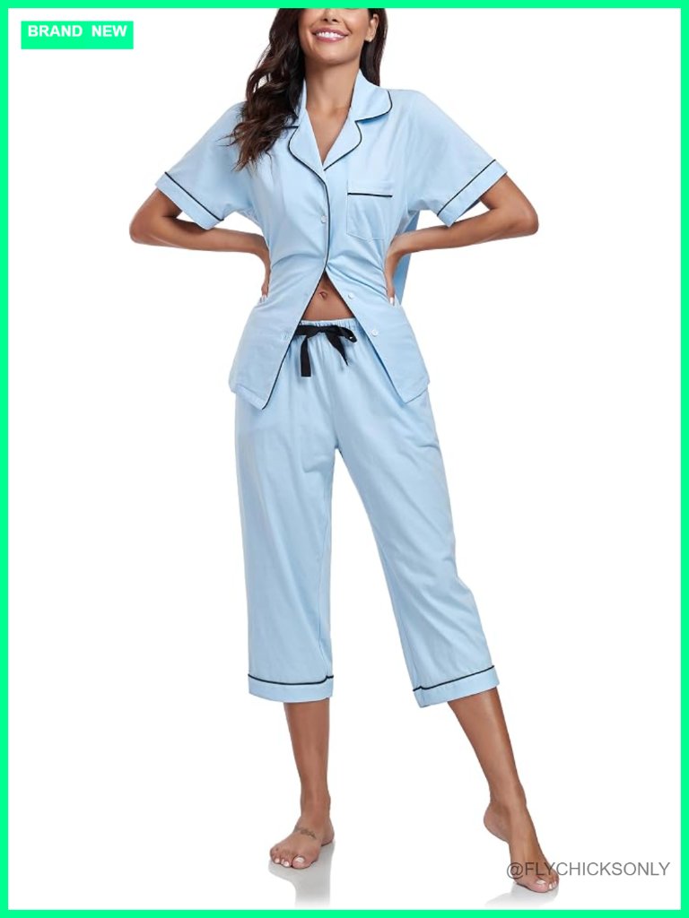 100% Cotton Capri Pajama Set Short Sleeve Button Down Top & 3/4 Pants Pjs